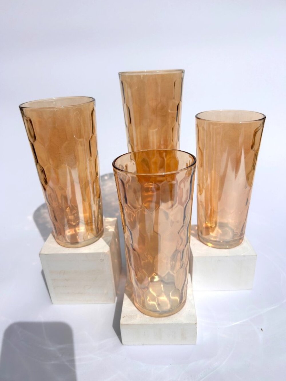 Vintage Jeanette Hex Optic Iridescent Glass Tumblers.